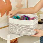 Small Cotton Rope Basket – Storage Bin for Organizing (10.6" x 6.7" x 6.7"), Bathroom Storage Basket for Shelf, Counter & Closet（White & Mixed Grey）