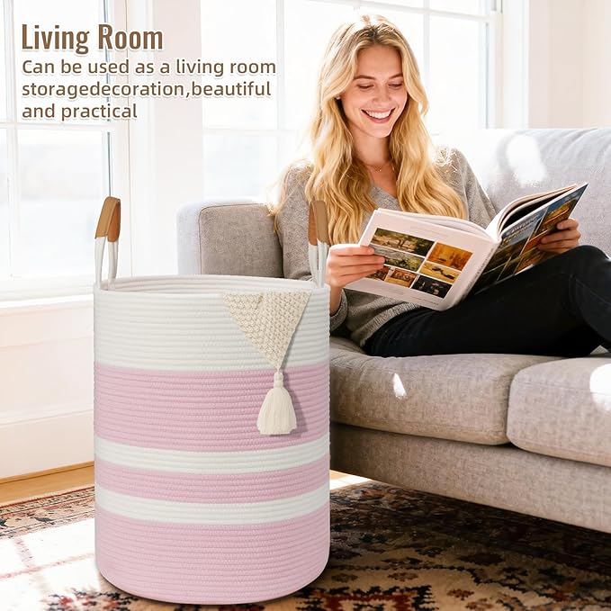 60L Striped Laundry Basket, Pink Laundry Hamper with Leather Handles, Woven Cotton Rope Storage Bin for Blankets, Nursery Hamper for Clothes, Toys In Bathroom, Livingroom, Bedroom