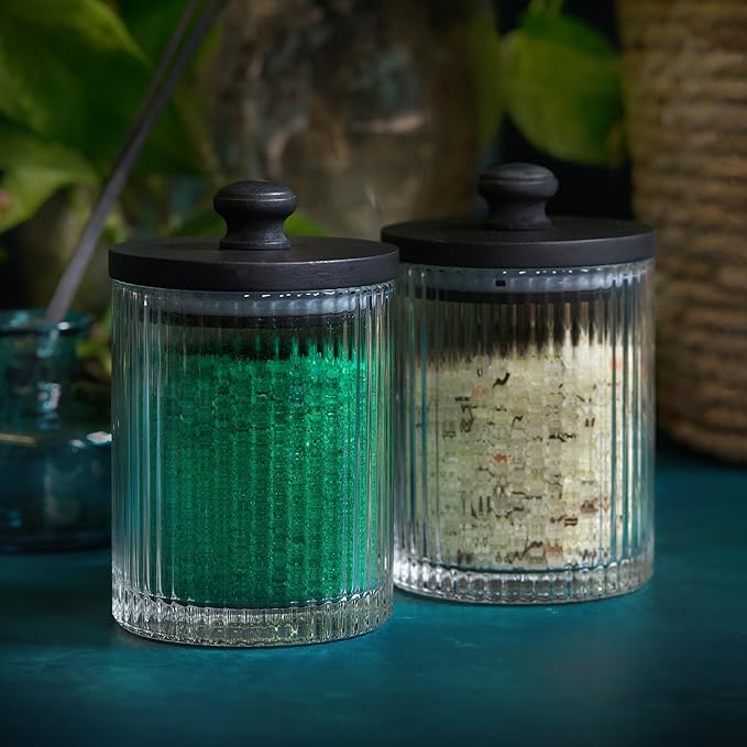 Mason & Fable Ribbed Glass Bathroom Jars | Set of 2 Farmhouse Style Storage Canister with Airtight Black Wooden Lids | Cotton Pad/Swab/Q tip Holder/Bath Salt/Clear Vanity