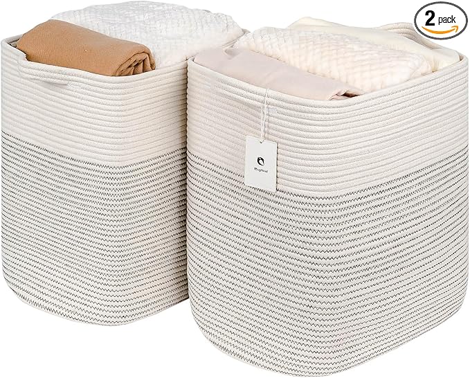 Storage Baskets for Clothes Fabric Cotton Rope Storage Basket with Handles, Decorative Woven Basket for Living Room,Closet Organizer Blankets, and 2bags (White/Black Line, L17.8×W12.5×H17.9)