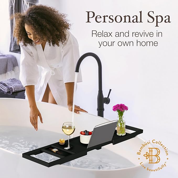 Wooden Bathtub Tray - Foldable & Expandable Bamboo Bath Tray for Tub with Wine Holder, Book & Tablet Stand - Bath Caddy Tray for Bathtub, Spa Bath Accessories, Tub Tray Table, (Black)