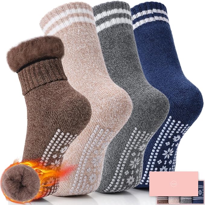 ICEIVY Thermal Slipper Socks, Thick Grip Hospital Plush Slipper Grip Socks Women Winter Soft Warm Cozy Socks 4 Pairs