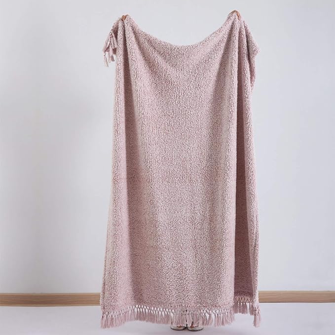 Ultra Soft Cozy Sherpa Throw Blanket, Light Weight Warm Decorative Throw Blanket with Tassel, 2 Tones Ombre Dusty Pink Pattern Reversible Boho Style Blanket for Sofa, Couch, Bedroom,Travel, 60”x80”