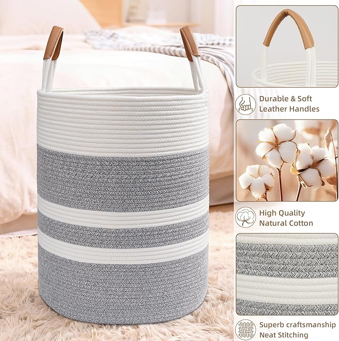 60L Striped Laundry Basket, Grey Laundry Hamper with Leather Handles, Woven Cotton Rope Storage Bin for Blankets, Nursery Hamper for Clothes, Toys In Bathroom, Livingroom, Bedroom