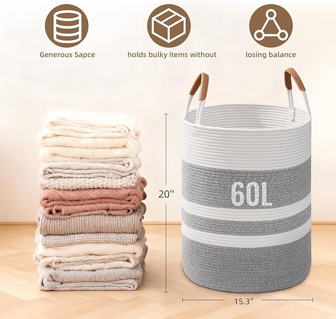 60L Striped Laundry Basket, Grey Laundry Hamper with Leather Handles, Woven Cotton Rope Storage Bin for Blankets, Nursery Hamper for Clothes, Toys In Bathroom, Livingroom, Bedroom