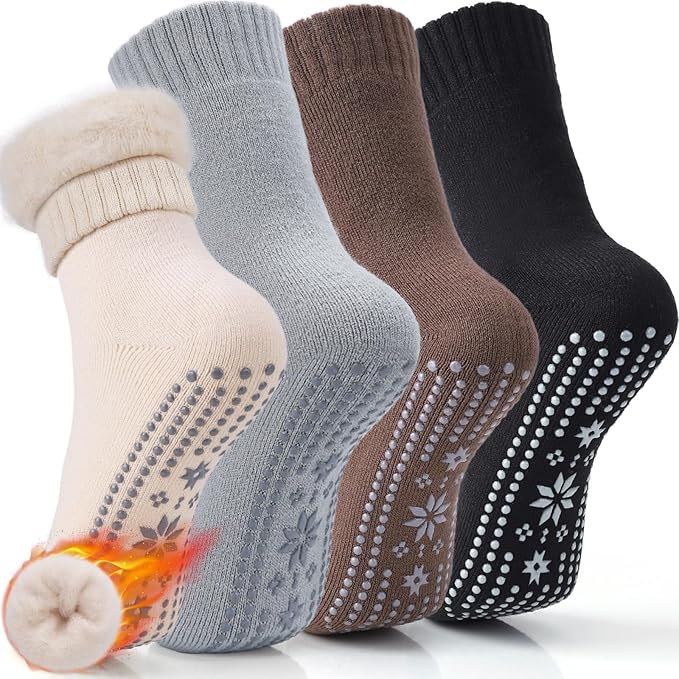 ICEIVY Thermal Slipper Socks, Thick Grip Hospital Plush Slipper Grip Socks Women Winter Soft Warm Cozy Socks 4 Pairs