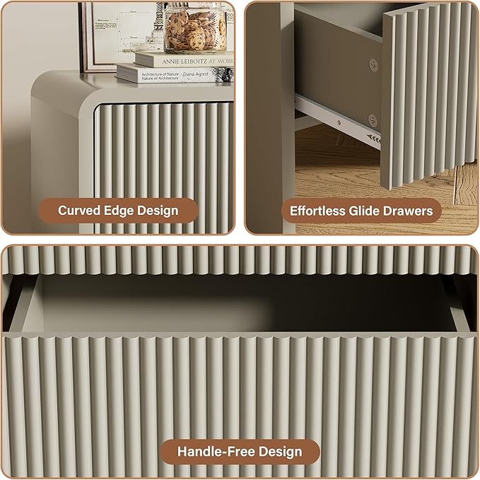 Set of 2 Modern Curved Nightstand with 2 Drawers, Push-to-Open Wooden Bedside Table, Minimalist End Table for Bedroom, Beige