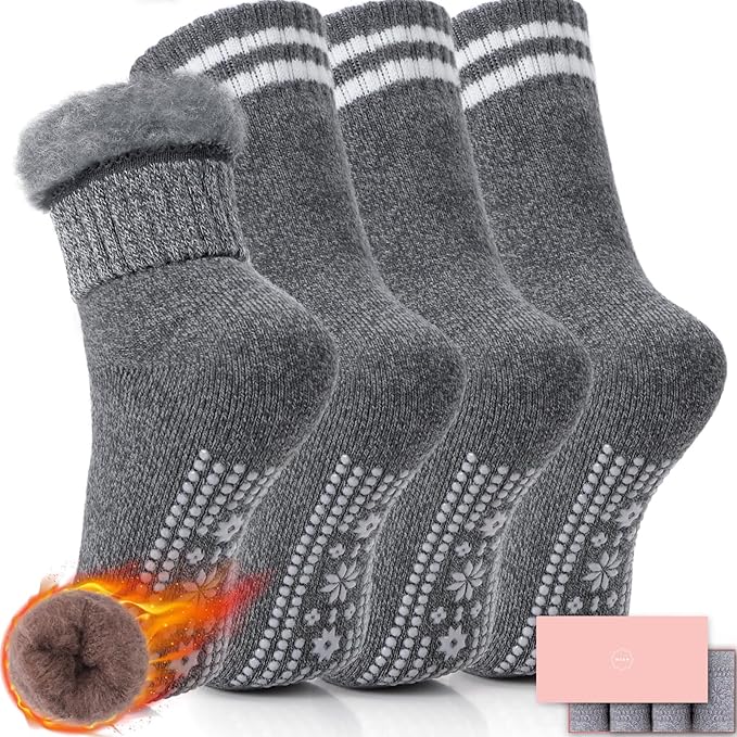 ICEIVY Thermal Slipper Socks, Thick Grip Hospital Plush Slipper Grip Socks Women Winter Soft Warm Cozy Socks 4 Pairs