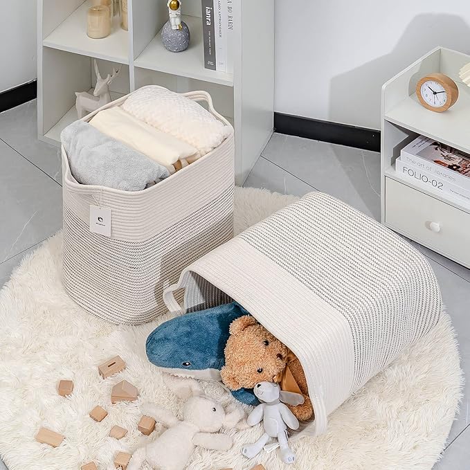 Storage Baskets for Clothes Fabric Cotton Rope Storage Basket with Handles, Decorative Woven Basket for Living Room,Closet Organizer Blankets, and 2bags (White/Black Line, L17.8×W12.5×H17.9)
