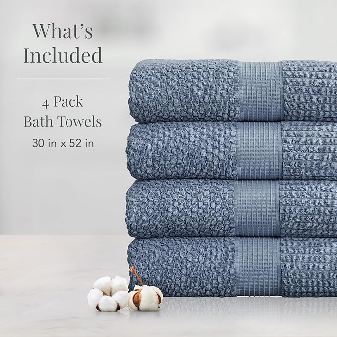NY Loft 100% Cotton Bath Towel Set of 4 | Blue Towels | Oeko-TEX® Standard 100 | Soft & Absorbent, Quick-Dry Bath Towels | 30" x 52" | | Trinity Collection - Flint Stone