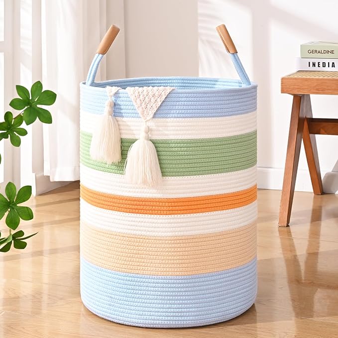 60L Striped Laundry Basket, Rainbow Laundry Hamper with Leather Handles, Woven Cotton Rope Storage Bin for Blankets, Nursery Hamper for Clothes, Toys In Bathroom, Livingroom, Bedroom
