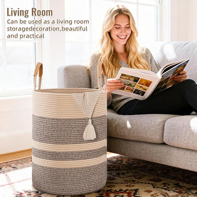 90L Striped Laundry Basket, Dark Brown Laundry Hamper with Leather Handles, Woven Cotton Rope Storage Bin for Blankets, Nursery Hamper for Clothes, Toys In Bathroom, Livingroom, Bedroom