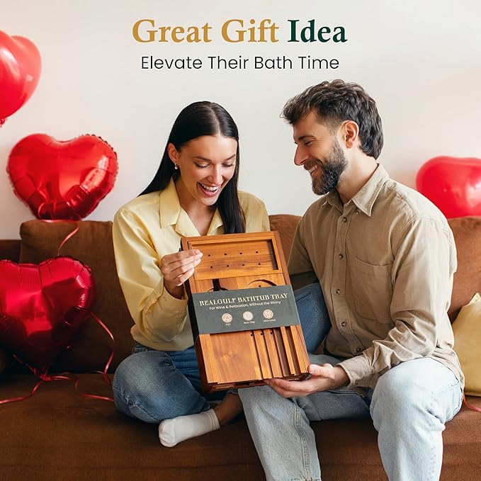 Teak Bathtub Tray, Bath Caddy with Wine Glass Holder, Phone Dock & Book Stand | Hands-Free Reading & Ultimate Spa Relaxation Experience-Natural