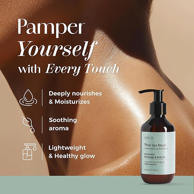 AiROM Lemongrass & Eucalyptus Massage Oil for Massage Therapy – Thai Spa Ritual - Scented Body Oil for Women – Hypoallergenic, Relaxing Aromatherapy, Non-Greasy, Nut-Free - 6.4 fl oz