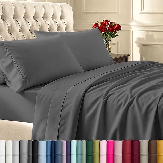 California Design Den 6-Pc King Size Sheet Set with 4 Pillowcases - Soft 400 Thread Count 100% Cotton Sheets, Sateen Weave, Deep Pocket Bedsheets Set - Grey