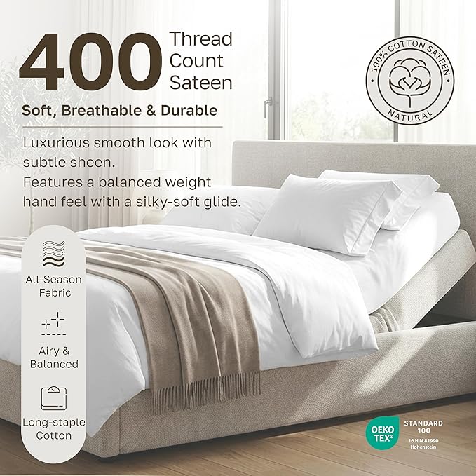 California Design Den Split King Sheets Sets for Adjustable Bed - Soft 400 Thread Count Sateen, Natural 100% Cotton Sheets, Deep Pockets, Breathable, & Durable Bedding Set - Ivory (Pale Tone)