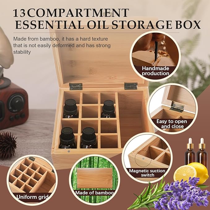 Pure Vie Wooden Essential Oil Storage Box Travel Organizer Case with Bottle Cap Label - Aromatherapy Nail Polish Fragrance Container, Holds 13 Bottle for 5-30ml - Keep Scented Oil Safe & Space Saver