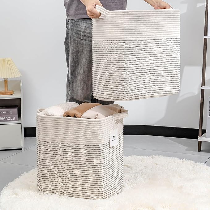 Storage Baskets for Clothes Fabric Cotton Rope Storage Basket with Handles, Decorative Woven Basket for Living Room,Closet Organizer Blankets, and 2bags (White/Black Line, L16×W11.4×H15.9)