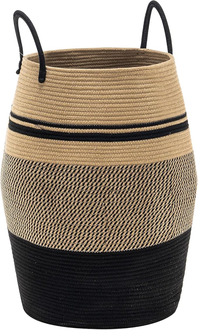 Jute Rope Laundry Hamper by YOUDENOVA, 105L - Woven Collapsible Laundry Basket - Clothes Storage Basket for Blankets organizing, Bedroom Storage, Clothes Hamper – Brown & Black
