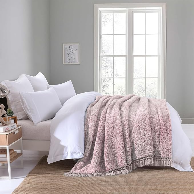 Ultra Soft Fleece Sherpa Blanket Queen Size,Lightweight Cozy Boho Bed Blanket with Decorative Tassel, Pattern Reversible, 2 Tones Ombre Dusty Pink, 90”x90”