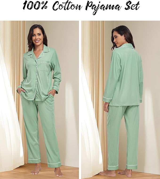 ANLIQI 100% Cotton Pajamas for Women Button Down Pajamas Long Sleeve Top & Pant Sleepwear Loungewear Pj Set with Pocket