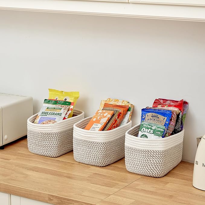 Small Cotton Rope Basket – Storage Bin for Organizing (10.6" x 6.7" x 6.7"), Bathroom Storage Basket for Shelf, Counter & Closet（White & Mixed Grey）