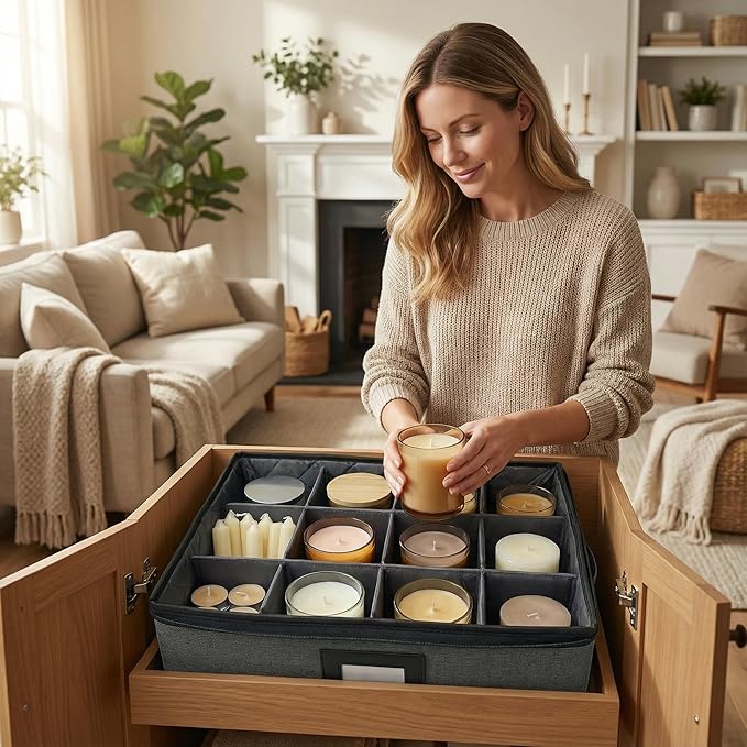 Candle Storage Organizer Box with Dividers, Candle Storage Cabinet with 12 Segmentation Layer Suitable for Aromatherapy Candles, Taper Candles, Tealight Candles, Jar Candles and Candle Holders