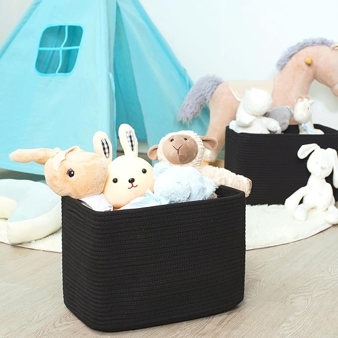 MINTWOOD Design Storage Basket for Shelves, Decorative Baskets for Organizing, Book Basket, Storage Cube Bin Box, Woven Closet Organizer, Pantry Closet and Shoe Basket, Full Black