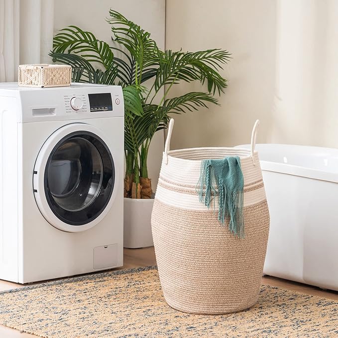 Cotton Rope Laundry Hamper by YOUDENOVA, 105L - Woven Collapsible Laundry Basket - Clothes Storage Basket for Blankets organizing, Bedroom Storage, Clothes Hamper – Brown