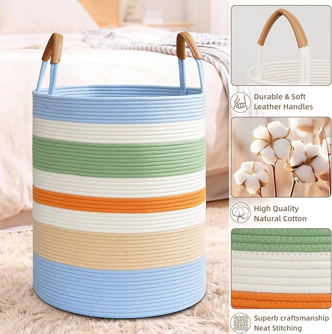 60L Striped Laundry Basket, Rainbow Laundry Hamper with Leather Handles, Woven Cotton Rope Storage Bin for Blankets, Nursery Hamper for Clothes, Toys In Bathroom, Livingroom, Bedroom