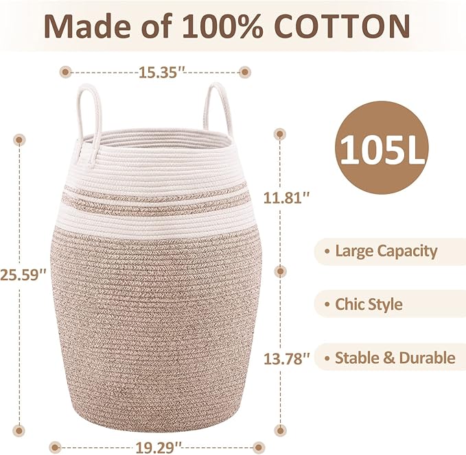 Cotton Rope Laundry Hamper by YOUDENOVA, 105L - Woven Collapsible Laundry Basket - Clothes Storage Basket for Blankets organizing, Bedroom Storage, Clothes Hamper – Brown