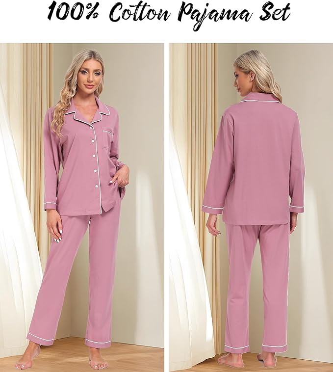 ANLIQI 100% Cotton Pajamas for Women Button Down Pajamas Long Sleeve Top & Pant Sleepwear Loungewear Pj Set with Pocket