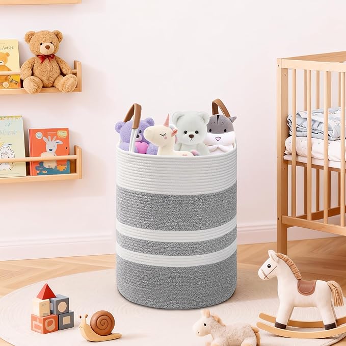 60L Striped Laundry Basket, Grey Laundry Hamper with Leather Handles, Woven Cotton Rope Storage Bin for Blankets, Nursery Hamper for Clothes, Toys In Bathroom, Livingroom, Bedroom