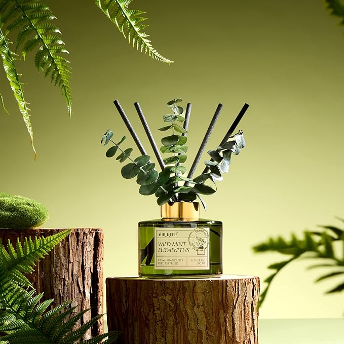 Airkeep Reed Diffuser Set with 6.76 fl oz Wild Mint & Eucalyptus Scent Essential Oils and 3 Leaves & 8 Diffuser Sticks,Bathroom Shelf Decor & Air Freshener, House Bedroom Office Decor & Gifts