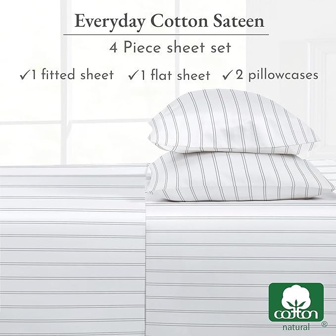 California Design Den King Bed Sheets Stripe Set, 100% Cotton Deep Pocket King Sheets & Pillowcase Set, Soft Sateen Weave - Classic Stripe