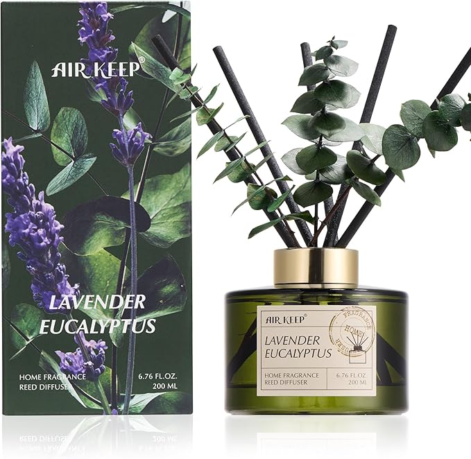 Airkeep Reed Diffuser Set with 6.76 fl oz Lavender Eucalyptus Scent Essential Oils and 3 Leaves & 8 Diffuser Sticks,Bathroom Shelf Decor & Air Freshener, House Bedroom Office Decor & Gifts