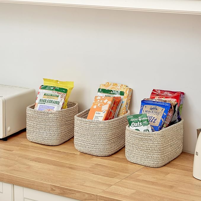 Small Cotton Rope Basket – Storage Bin for Organizing (10.6" x 6.7" x 6.7"), Bathroom Storage Basket for Shelf, Counter & Closet（Beige）