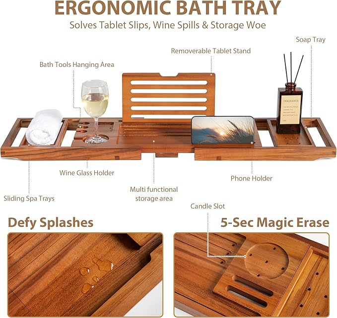 Teak Bathtub Tray | Adjustable Width Tray with Wine Holder, Tablet/Phone & Book Stand, Splash-Proof for Bath Time- Natural