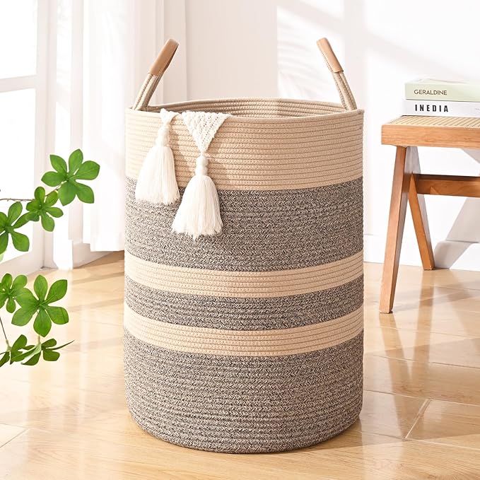 90L Striped Laundry Basket, Dark Brown Laundry Hamper with Leather Handles, Woven Cotton Rope Storage Bin for Blankets, Nursery Hamper for Clothes, Toys In Bathroom, Livingroom, Bedroom