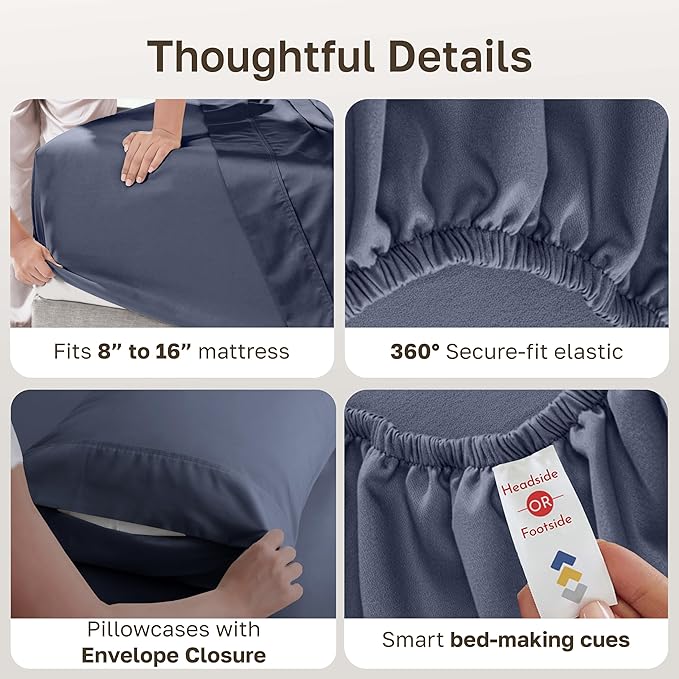 California Design Den 6-Pc Queen Size Sheet Set with 4 Pillowcases - 400 Thread Count 100% Cotton Sheets, Sateen Weave, Deep Pocket Bedsheets Set - Indigo Dusty Blue