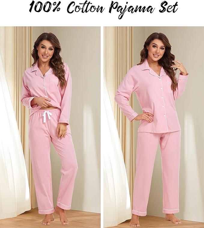 ANLIQI 100% Cotton Pajamas for Women Button Down Pajamas Long Sleeve Top & Pant Sleepwear Loungewear Pj Set with Pocket