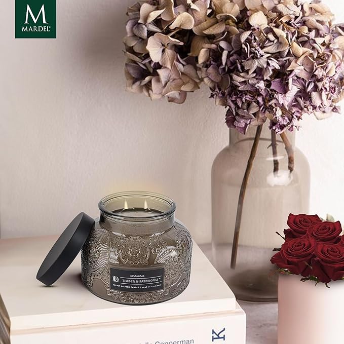 Timber & Patchouli Embossed Candle Jar (18 oz) - Refreshing Aroma of Bergamot, Mandarin Orange, and Patchouli - Large Dual Wick Glass Jar Candle
