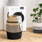 Jute Rope Laundry Hamper by YOUDENOVA, 105L - Woven Collapsible Laundry Basket - Clothes Storage Basket for Blankets organizing, Bedroom Storage, Clothes Hamper – Brown & Black