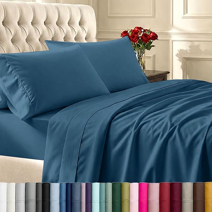 California Design Den Queen Sheet Set - Soft 400 Thread Count Sateen, Natural 100% Cotton Sheets for Queen Size Bed, Deep Pockets for a Snug Fit, Durable Bedding Set - Peacock Blue
