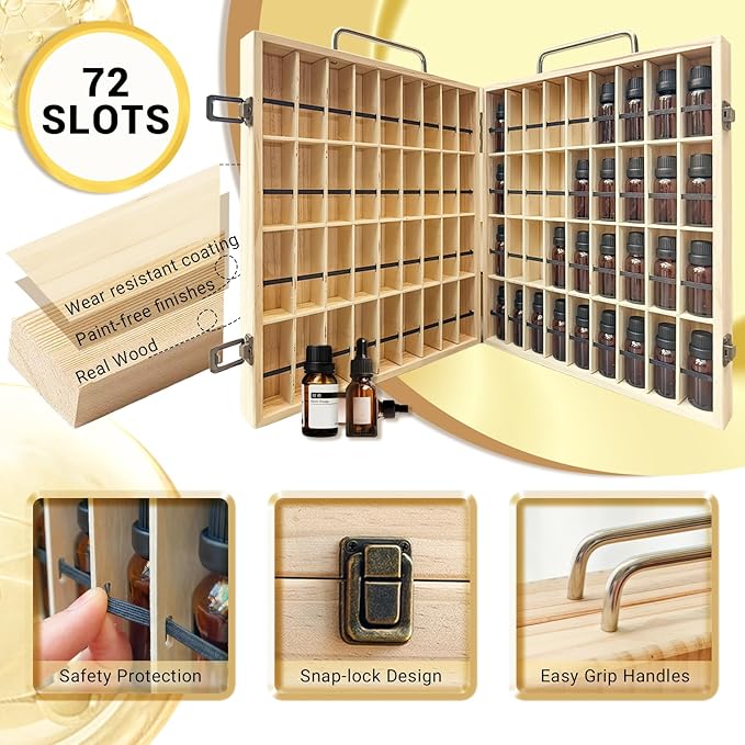 Pure Vie Wooden Essential Oil Storage Box Travel Organizer Case with Bottle Cap Label - Aromatherapy Nail Polish Fragrance Container, Holds 72 Bottle for 5-15ml - Keep Scented Oil Safe & Space Saver