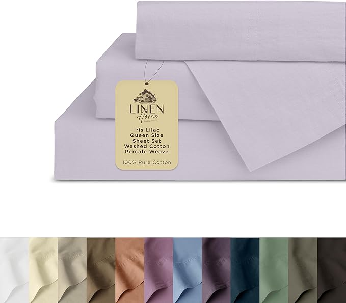 Linen Home Washed Cotton Percale Queen Sheet Set, Iris Lilac, Preshrunk, 4 Pieces Sets - 1 Flat, 1 Deep Pocket Fitted Sheet & 2 Envelope Closure Pillowcases, Soft, Cool and Comfortable Bed Linen