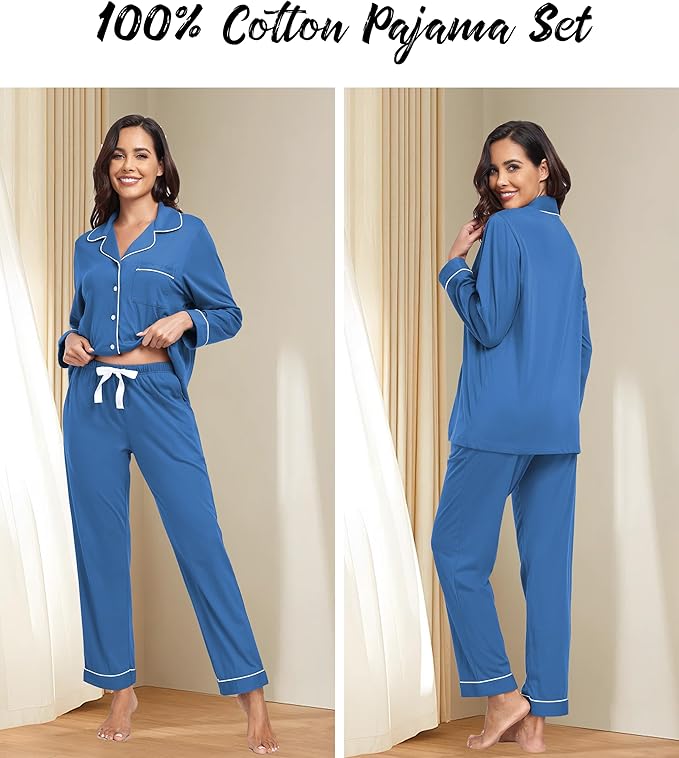 ANLIQI 100% Cotton Pajamas for Women Button Down Pajamas Long Sleeve Top & Pant Sleepwear Loungewear Pj Set with Pocket