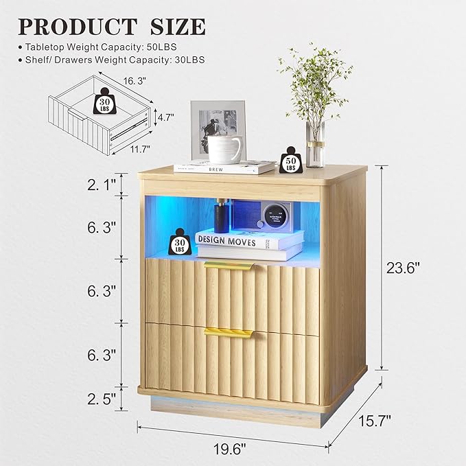 Nightstand with Charging Station, Farmhouse End Side Table with 2 Drawers and Open Storage, Smart Bedside Table with LED Light & Human Sensor for Bedroom, Wood