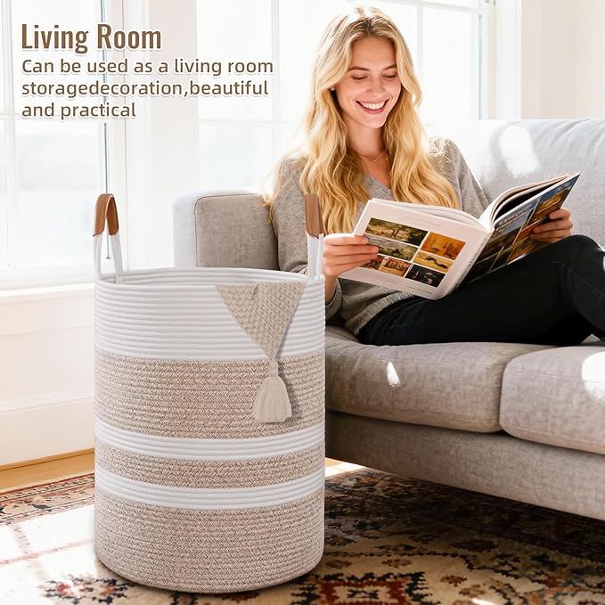 90L Striped Laundry Basket, Brown Laundry Hamper with Leather Handles, Woven Cotton Rope Storage Bin for Blankets, Nursery Hamper for Clothes, Toys In Bathroom, Livingroom, Bedroom