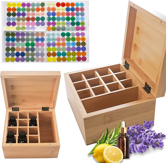 Pure Vie Wooden Essential Oil Storage Box Travel Organizer Case with Bottle Cap Label - Aromatherapy Nail Polish Fragrance Container, Holds 13 Bottle for 5-30ml - Keep Scented Oil Safe & Space Saver